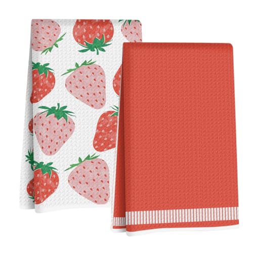 2 Pcs Strawberry Kitchen Towels, Summer Fruits Waffle Weave Hand Towels | Red Absorbent Microfiber Dish Cloth Tea Towel for Kitchen Home Decor, Strawberry Gifts for Women Mom Grandma 24x14 Inch - color: Multi 1386