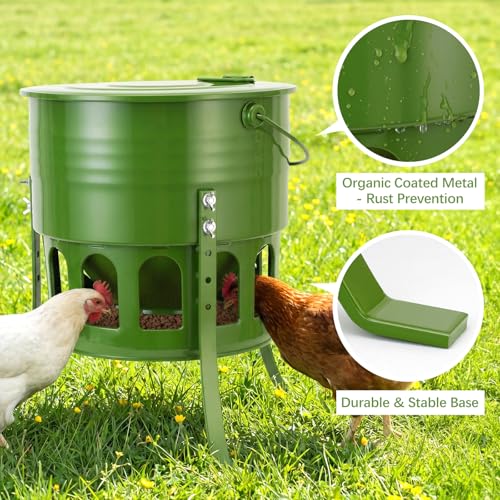Tgeyd Metal Bucket Chicken Feeder, 20LB Large Capacity Poultry Feeder with 12 Feeding Ports & Dual-Cone No-Waste Design, Adjustable Height & Foldable for Storage, Rust-Proof for Chickens, Ducks, Quail | Organometallic coating