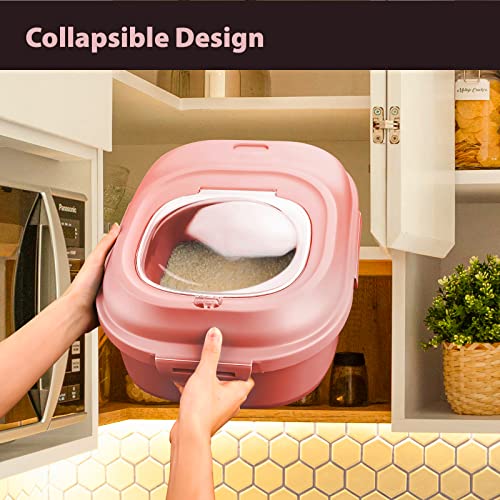 Viretec Cereal Rice Storage Containers, 20 to 50Lbs Collapsible Dry Food Dispenser Bins with Airtight Flip Lid Rolling Wheel, Kitchen Pantry to Store Sugar Flour, Dog Pet Cat Food Holder Container - color: Pink