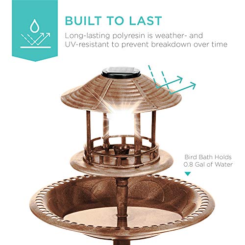 Best Choice Products Solar Outdoor Bird Bath Vintage Resin Pedestal Fountain Decoration for Yard, Garden w/Planter Base, Feeder, Decorative Bird Cage, Fillable Stand - Bronze - color: Bronze