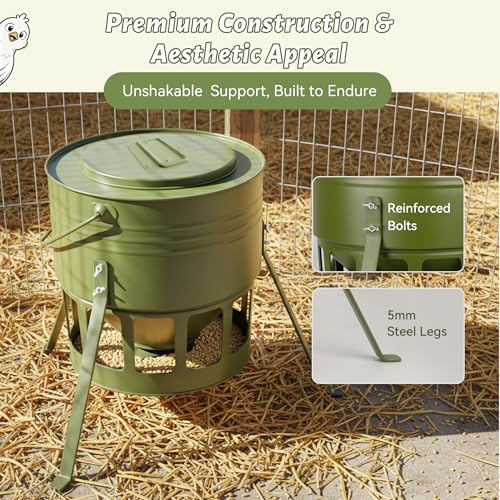 KOL Metal Chicken Feeder - 20lbs No Waste Chicken Feeder with 12 Ports, Powder Coated Rust-Proof Design & Smooth Edges for Safe Feeding (Avocado Green) - color: Avocado Green