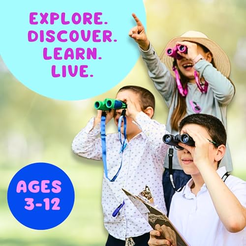 Kids Binoculars Ages 3-12, 8x21 Compact Shockproof Pink | bird watching, camping, hiking, stargazing, includes carry case, neck strap, compass, carabiner, high resolution optics - color: Pink/Blue