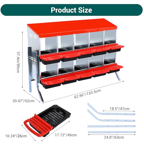 Nesting Box for Chickens, 10 Hole Chicken Nesting Box, Galvanized Steel Roll Away Nest Boxes with Lid Cover and Legs, Poultry Nest Boxes for Chickens Laying Egg, Red