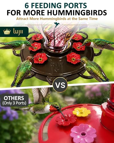LUJII Smart Hummingbird Feeder with Camera, Hand Blown Glass for Outdoor Hanging, Solar WiFi Feeder with Live View App, 6 Feeding Ports, Leak-Resistant Design, Ant Moat & Gift Box, 28 fl oz, Purple - color: Purple, size: Large