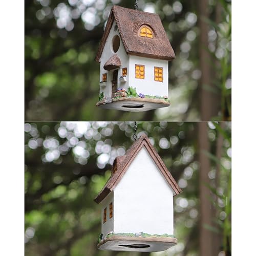 Hanging Bird House for Outside, White Resin Bluebird House with Hanging Chain, Waterproof & Practical Forest Bird Houses, Decorative Stone Hanging Birdhouse for Yard Garden Outdoor Decor - style: White