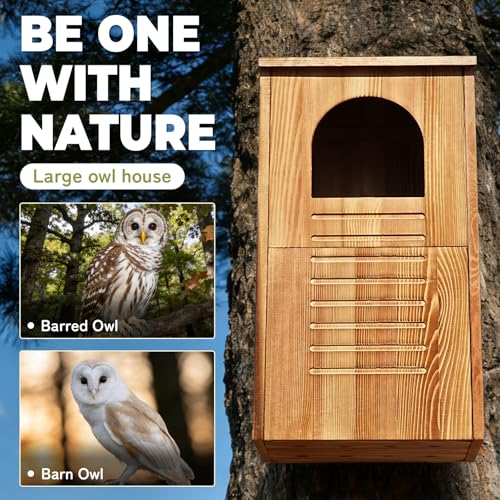 Barred Owl House, 25" Extra Large Owl Bird Box Handmade | Wooden Circular Opening for Outside with Mounting Screws and A Bag of Wood Shavings, Easy Assembly Required - color: brown, size: 14"x24.8"