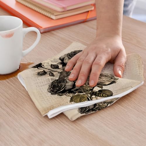 2 Pcs Vintage Black Rose Kitchen Towels, Dark Aesthetic Decorative Absorbent Microfiber Dish Cloth Tea Towel, Waffle Soft Hand Towels for Farmhouse Home Bathroom, Housewarming Gifts - color: Multi 0441