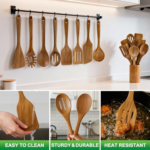 9 Pack Wooden Spoons Non Toxic Cooking Utensil Set with Utensils Holder | Kitchen Slotted Turner Spatula Set Acacia Wood Utensils for Cooking Spoon Scraper Spurtle Bamboo Flat Egg Flipper Spatulas - color: 9 Pcs