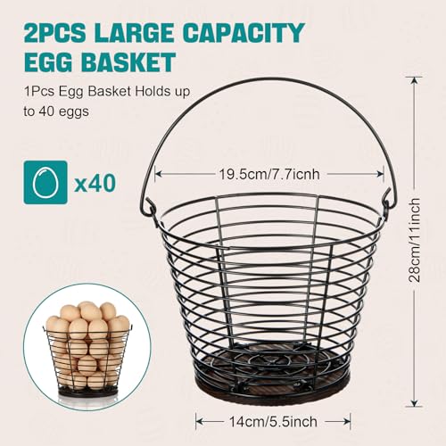 LemonRoad 2 Pack Egg Baskets with Wooden Base and Handle, 7.7 Inch Large Egg Gathering Basket for Count, Farm Eggs Collecting Basket Eggs Storage Holder for Kitchen Farm Countertop (holds 40)