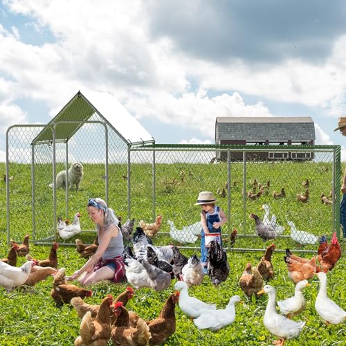GarveeLife Metal Chicken Coop, Large Chicken Run with Waterproof and Anti-UV Cover, Walk-in Chicken Coop for 6/10 Chickens (9.8 ft L x 3.3 ft W x 5 ft H)