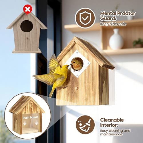 UUMENHA Window Birdhouse for Viewing Inside with 3 Strong Suction Cups, Clear See-Through Wooden Bird Houses for Outside, Weather-Resistant Outdoor Nesting Box, Suitable for Bluebird Finch Chickadee