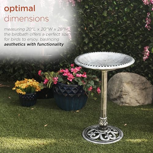Alpine Corporation TEC116GR Outdoor Pedestal Birdbath w/Scrollwork Base and Stakes, Elegant Birdbath for Garden, 28" H, Gray - color: Gray