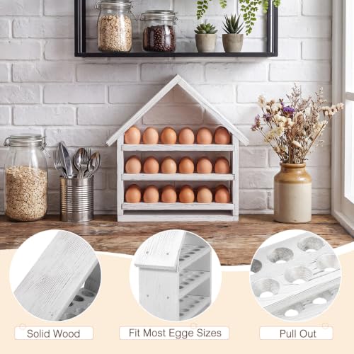 Wooden House Egg Holder Countertop,36 Hole,No Door,Whitewashed | 3 Tier, Pull out Fresh Egg Storage, Eggs Racks Basket, Counter Egg Organizer, Farmhouse Kitchen Deocrations Gift - color: Whitewashed, size: 36 Hole, style: No Door