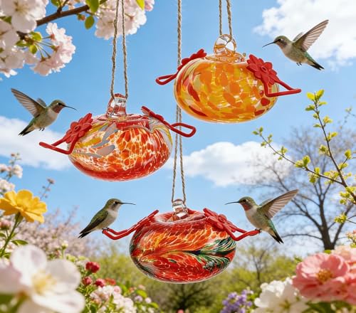Set of 3 Blown Glass Hummingbird Feeders Decor for Home Garden Outside - color: Color-C