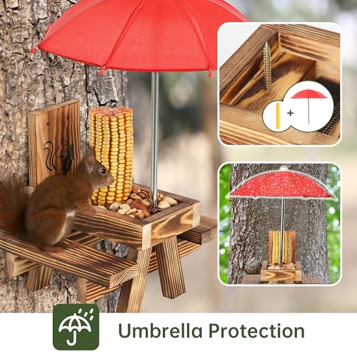 Squirrel Feeder for Outside with Umbrella, Carbonized Wood Squirrel Picnic Table Feeder with Corn Cob Holder & Peanut Tray, Durable Picnic Table for Squirrel and Chipmunk, New Premium Gift (Brown-red) - color: Brown-red