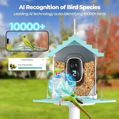 Smart Bird Feeder with Camera, Feeder with Wireless Camera | Ideal Gift for Bird Lover, Solar Powered, AI Recognition, Instant Notifications - color: Blue