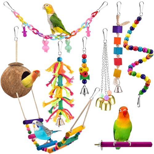 KATUMO Bird Toys, Parrot Swing Parakeet Ladder Conure Wood Perch Bird Chew Toys Cockatiel Hanging Bell Toys for Parakeet, Conure, Cockatiel, Mynah, Love Birds, Finch, Small Pet Birds - style: Colored ladder set (8 IN 1)