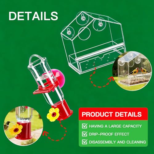 Window Bird Feeder with Hummingbird Waterer（2-Piece Set） - Extra-Large Window for Offer Easy Food & Water Access, Super-Strong Suction Cup, Easy Install & Clean, Sturdy Durable Outdoor Use - size: 2-piece set
