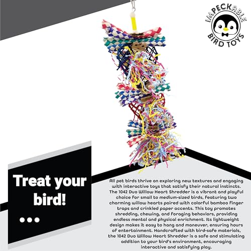 1042 Double Willow Heart Shreddy Bird Toy - Bamboo Finger Traps & Crinkle Paper Cardboard Shreds - Engaging Parakeet Bird Cage Accessories - Natural Foraging Parrot Toys for Cockatiel & Conure
