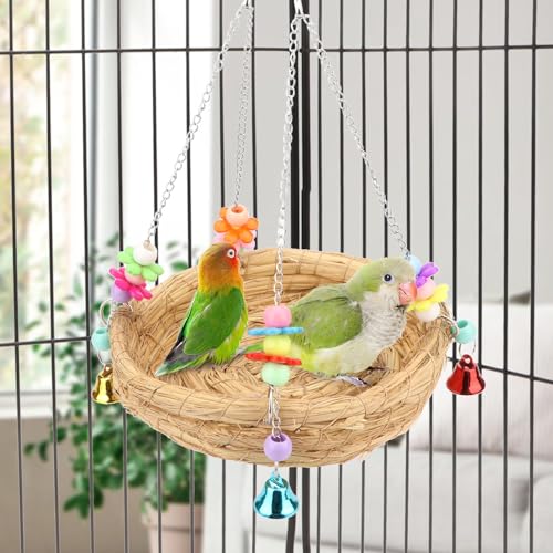 Hypeety Natural Handwoven Straw Bird Nest Bed Bird Swing Toy with Bells | Natural straw, handwoven, breathable and chewproof nest, easy-hanging with 2 hooks, for parakeet/cockatiel/budgie cage perch - color: A