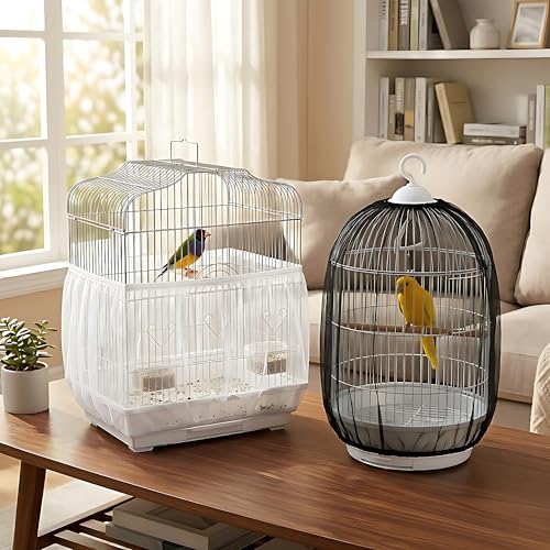 Birdcage Cover Seed Catcher - Blocks Over 90% Splashes & Mess | Set of 2 breathable mesh nets (14.56"H, 86.6"-94"girth). Use on indoor parrot setups to stop escaping and trap molting dander