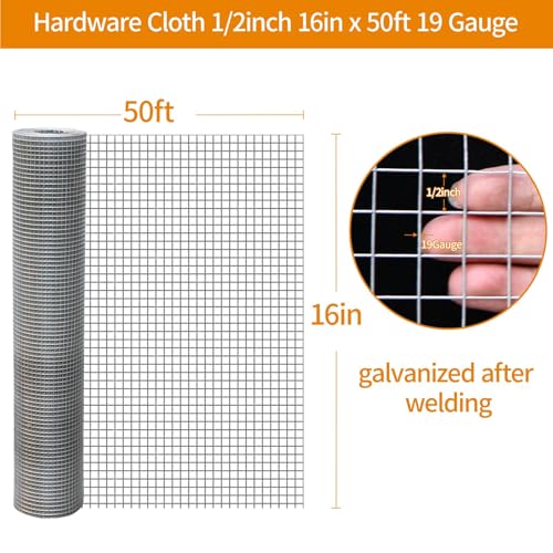 Gartist 1/2inch 16"x50' Chicken Wire Fencing Roll, Galvanized Hardware Cloth, 19Ga Hot-Dip Welded Preventing Snakes, Raccoons and Foxes - size: 19G 1/2 16"x50'