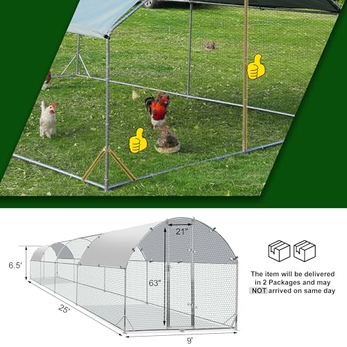 Large Metal Chicken Coop Round Top Upgrade Tri-Supporting Wire Mesh Chicken Run,Chicken Pen with Water-Resident and Anti-UV Cover,Duck Rabbit House Outdoor (25'L x 9'W x 6.5'H) - size: 300.0"L x 108.0"W x 78.0"H