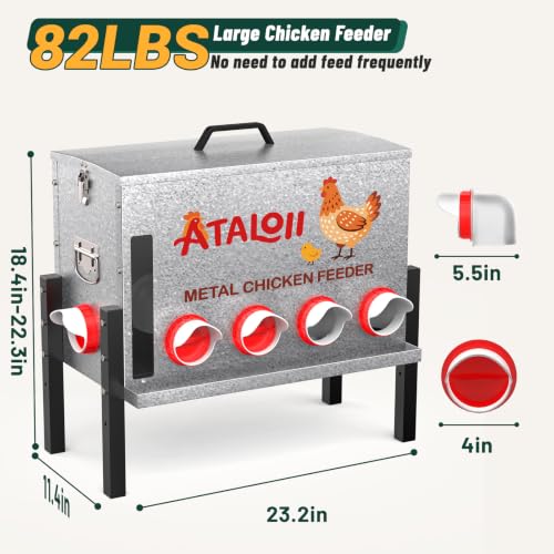 16gal 82LB Large Automatic Chicken Feeder with Window, Food Tray - No Waste | No Spill, Rust-proof Alloy Steel Poultry Feeder, Waterproof Metal Chicken Feeder for Indoor & Outdoor Chicken Coops (10 Ports - size: 16gal
