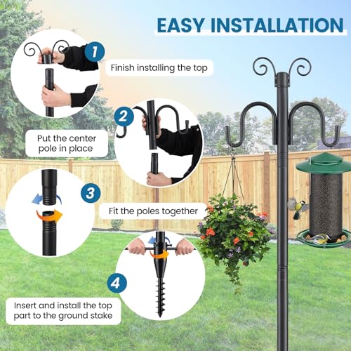 Shepherds Hooks for Outdoor,113 inch 4 Hooks Heavy Duty Adjustable Bird Feeder Pole for Hanging Plant Baskets, Lantern, Hummingbird Feeder Garden Plant, Hanging Wedding Decor,Wind Chimes - size: 9 FT