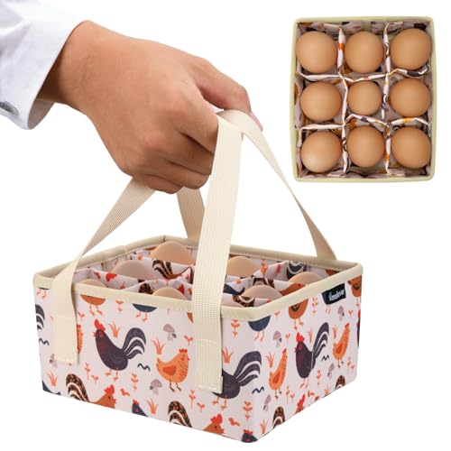 Eggs Collecting Basket, Egg Bags with 9 Pouches, Durable Canvas Eggs Holder with Bottom PP Board, Collector & Container for Duck, Chicken, Goose Egg