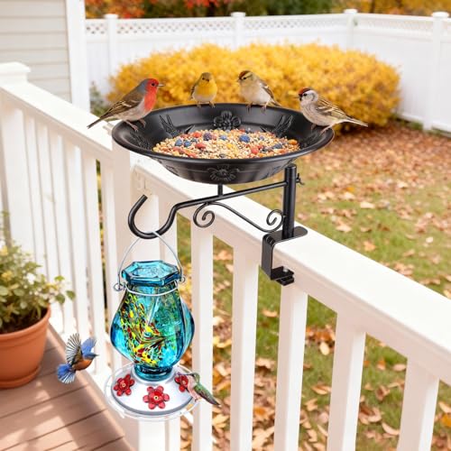 Balcony Bird Feeder, Bird Bath with Plant Hook for Outdoors, Black | Deck Mounted, Heavy Duty, Garden Hanger for Hanging Planters, Lanterns, Wind Chimes, Easy to Install, Gifts for Women Men - style: 1 Tray with Hook