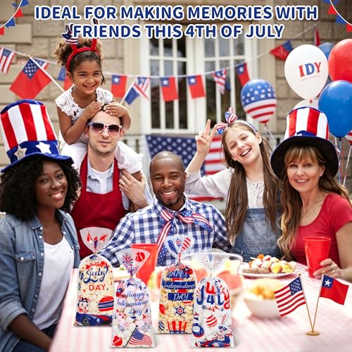 QOIUSO 100 Pcs 4th of July Cellophane Treat Bags - Patriotic Candy Goodie Bags with Gold Twist Ties - Clear Independence Day Party Favor Bags for Cookies, Snacks, Gift Packaging Supplies - color: 4th of July-100pcs
