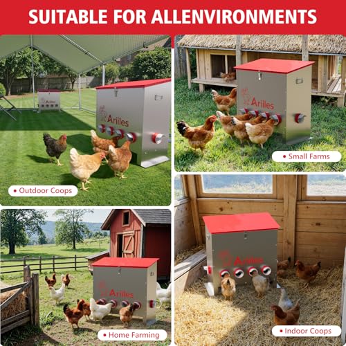 Automatic Chicken Feeder Box, 120lb Capacity, 10 No-Waste Ports, Metal Poultry Feeder with Covered Lid & Elevated Stand, Feed Dispenser for Chickens, Ducks & Backyard - size: 120 LB
