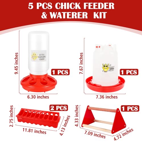 Chicken Feeder and Waterer Set with Chick Perch, Cool Baby Chick Feeder and Waterer Set, Chick Waterer, Baby Chicken Supplies for Small Poultry Chicks Ducks Quail Pigeons Birds(RED)