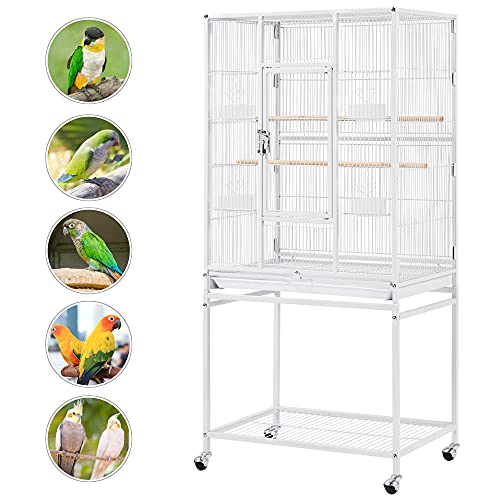 Topeakmart 54-inch Flight Bird Cage with Stand Wrought Iron Bird Cage for Parakeets Parrots Green Cheek Conures Budgies Finches, White - color: White