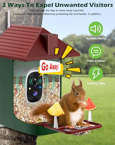 Smart Bird Feeder with Camera,5200mAh Battery with Solar Panel, 4K Native Resolution Live View, AI Species Identification, Auto Capture & Instant Arrival Alert, Ideal Gift for Bird Lovers (Red Green) - color: Green