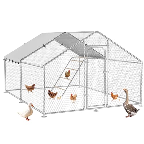 10 x 10 x 6.4 FT Metal Chicken Coop, Chicken Run with Cover | Walk-in Metal Chicken Coop, Side Hardware Cloth, Waterproof Cover, Roosting Perch, reinforced frame, Backyard & Farm Use - size: 120.0"L x 120.0"W x 78.1"H