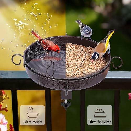 12 Inch Deck Mounted Bird Bath with Clamp for Railing, Fence | Bathing and Feeding Station, Freestanding Design, Attracts Wild Birds to Patios, Lawns and Gardens - size: deck bird bath