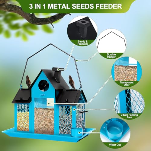Solar Bird Feeders for Outdoors Hanging, Bird Houses for Outside | Blue,Wild Metal Bird Feeder,7LBS Large Capacity with Water Cup,Squirrel Proof Cardinal Bird feeder,Gift for Bird Lovers - color: Blue
