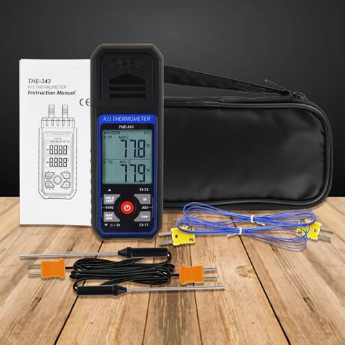Thermocouple Thermometer Digital K/J Type with 4 K Type Thermocouple, HVAC Thermometer with Alarm & Adj Compensation, Temperature Meter -328°F ~ 2501°F Measuring Range
