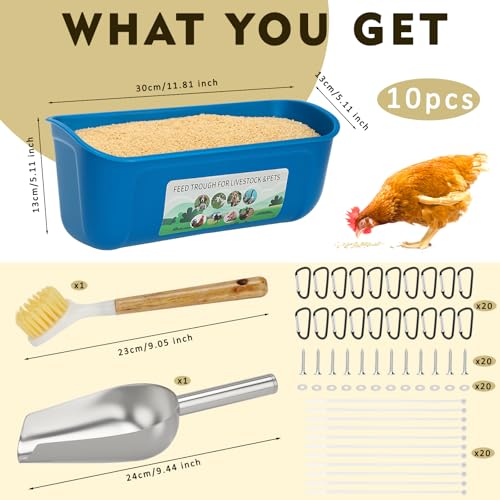 10 Pack Fence Feed Feeder 4.5 Quart Hanging Chicken Feeder Trough with Brush & Scoop Blue Goat Hanging Fence Feeders Feeder with Hooks Screws & Zip Tie for Livestock Feeding Container Goats Supplies - color: Blue, size: 10 Pack
