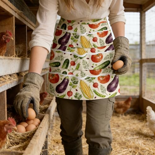 CUTHOLLOW Egg Collecting Apron for Adlut, Housewife, 18 Deep Pockets Hen Egg Gathering Holding Apron with Elastic Closures - style: Vegetables and Farm
