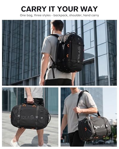 Tolaccea Travel Backpack 40-50L, 16" Laptop Carry On Duffle for Travel Work | 40-50L Expandable, TSA Approved 180° Open, 3L Wet-Dry Pocket, RPET Fabric, 3-in-1 Convertible Carrying, Detachable Waist Belt - color: Black