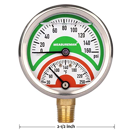 MEASUREMAN Tridicator, Thermo-Manometer, 2-1/2", Silicone Oil Filled, 0-160psi/30-250 deg F, Stainless Steel Case, 1/4" NPT Lower Mount Pressure Gauge - size: Lower Mount-Liquid Filled