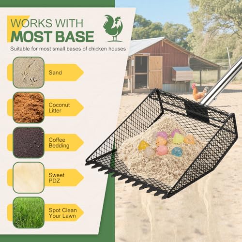 Updated Chicken Poop Scooper and Rake, 2-in-1 Chicken Poop Litter Scoop Sand Rake, Stainless Steel Handle (43–73"), Litter Scooper & Sand Sifting Shovel, Good for Chicken Coops & Farm Animals Scoop