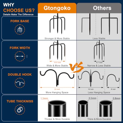 Gtongoko Double Shepherds Hook for Outdoor, 76 Inch Bird Feeder Pole with 5 Prongs Base, 5/8 Inch Thick Heavy Duty Adjustable Garden Hook for Hanging Plant, Lantern, Hummingbird Feeder, 1 Pack - size: 76 Inch