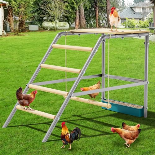 37.4" L x 18.9" W Roosting Bars for Chickens in Coop, Metal Frame Chicken Roosting Bars with Swing, Ladder & Food Box, Chicken Perch for Coop, Backyard, Farm - size: 39.8"L x 6.7"W x 4.7"H