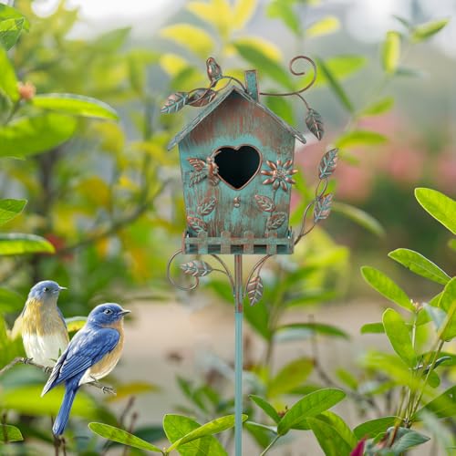 DREAMSOUL 48" Rustic Bird House Pole, Green Birdhouse for Patio | Metal Bird Houses for Outside Garden Yard Accent, Weatherproof Finish, Ornamental Aviary Style - style: Rustic