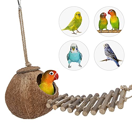 Niteangel Natural Coconut Hideaway with Ladder, Bird and Small Animal Toy (House with Ladder, Natural Surface) - color: Natural Surface