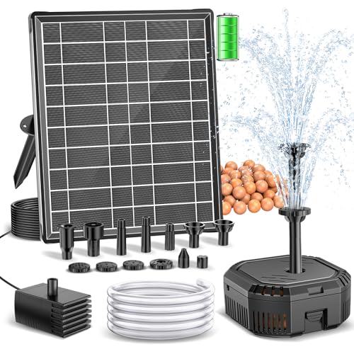 Antfraer 7W Solar Fountain Pump with 3600mAh Battery Backup & Pond Filter, Solar Water Fountain Pump with 8 Nozzles & PVC Tubing, Solar Fountain for Bird Bath, Small Ponds, Waterfall, Hydroponics - style: 7W （Built-in Battery）